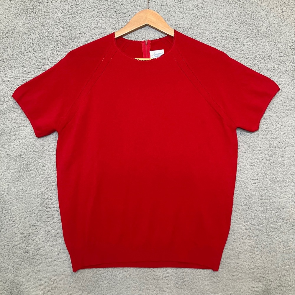 VTG Designers Originals Knit Sweater Tee Women L Red Short Sleeve Preppy Cottage